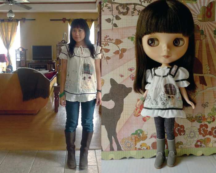 doll and girl side by side in matching outfit with jeans and grey UGGs