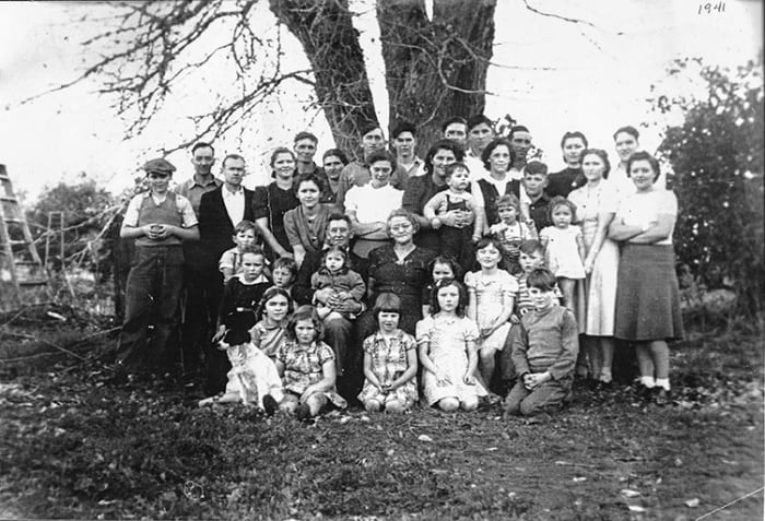 The children and grandchildren of Joshua and Amy Bollinger, my grandmother Frankie second from the right standing; my mother second from right kneeling.