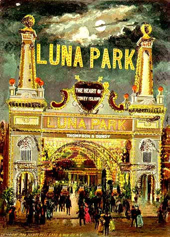 The entrance to Luna Park. Above the gate read "The Heart of Coney Island" because the park was situated in the very center of the amusement district.