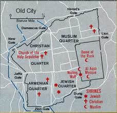 Old Jerusalem is divided in to 4 quarters today among Muslims, Christians, Armenians and Jews. See the location of "temple mount" where "Dome of the rock" and "Al Aqsa" mosque situates.