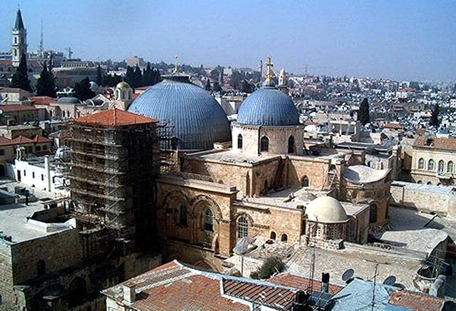 Two domes of Holy Sepulcher Church. Large dome is above the Aedicule where tomb of Christ located and smaller dome is above the center point (transept crossing) of the Catholicon (Main church of the Holy sepulcher) where the "Omphalos" is placed.