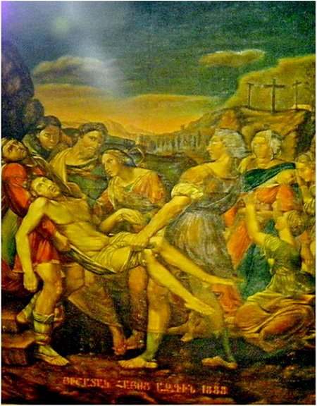 Here Jesus is Taken Down from the Cross. Later, Joseph of Arimathea asked Pilate for the body of Jesus. Pilate agreed. (John 19: 38) wall painting in holy Sepulcher