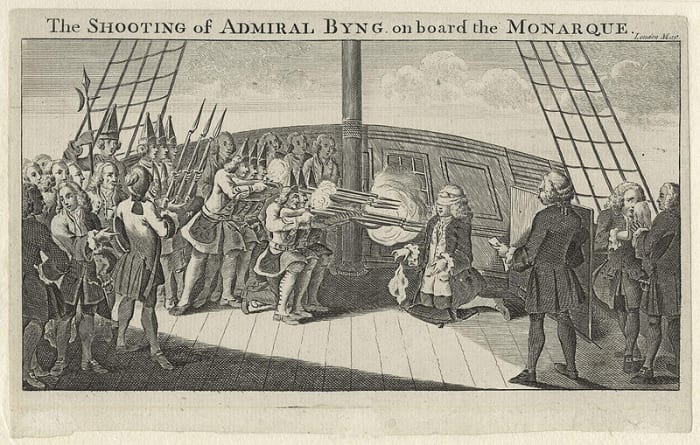 Admiral John Byng onboard HMS Monarch being executed for his failure to retain the island of Minorca.
