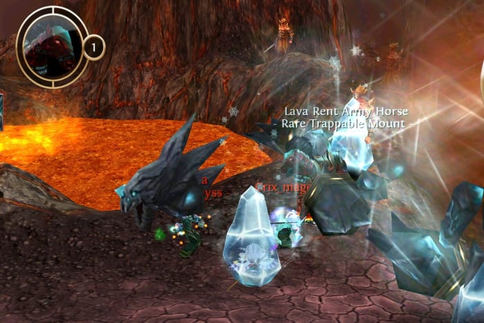 The Lava Rent Horse in Skinskaald rift. I know it's a little hard to see the mount. In this picture the mounts name is white because it was caught, not by me :(.