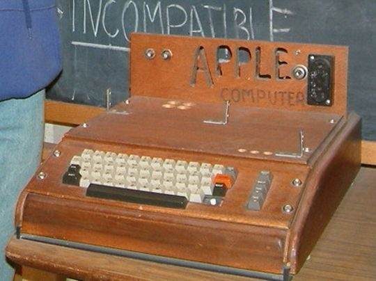 The first Apple Computer - an assembled circuit board, lacking monitor. This unit is on display at the Smithsonian Museum.