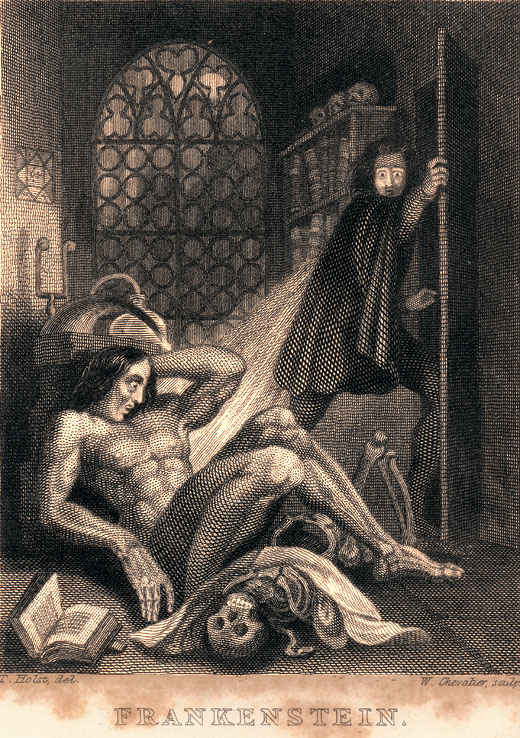 Illustration to Mary Shelley's "Frankenstein," published by Colburn and Bentley, London 1831 – steel engraving in book, 93 x 71 mm