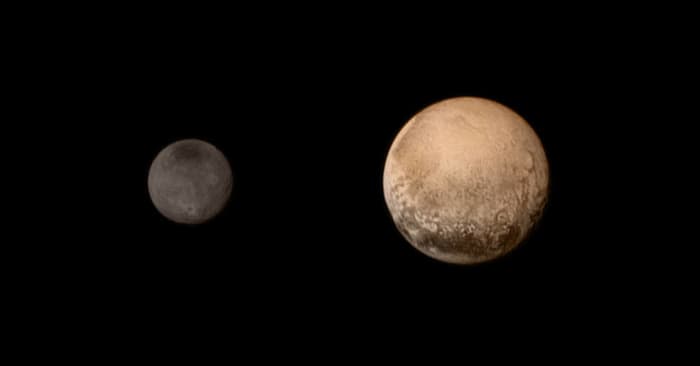 The New Horizon Spacecraft's July 11 portrait Pluto and its large moon Charon. They're not actually this close together; this is 2 photos side by side.
