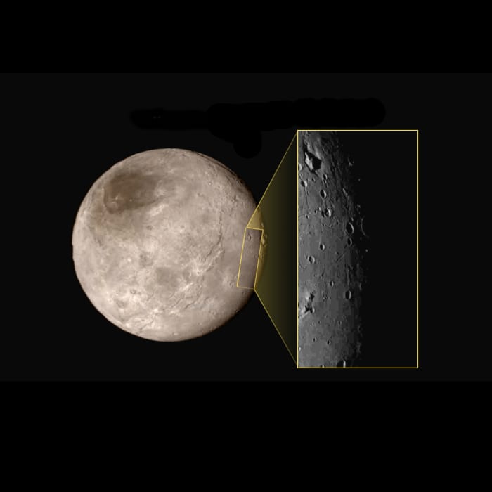 The feature in the upper left of the close-up baffles scientists: did the mountain sink? Inset close-up is 240 miles (390km) tall, including few visible craters. July 14, 2015, about 1.5 hours before closest approach, from 49,000 miles (79,000 km).