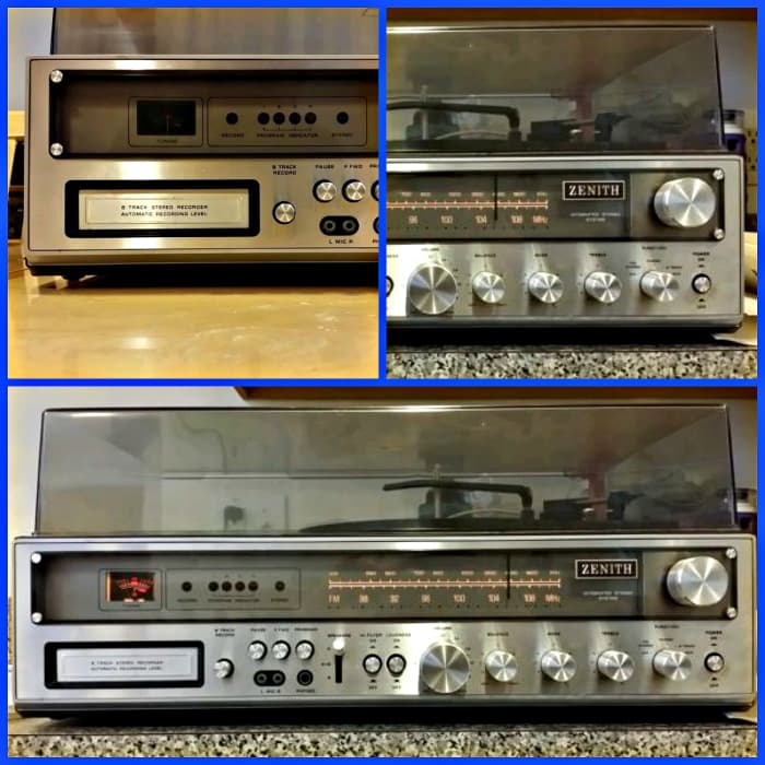 It has a state of the art FM and AM broadcasting stereo, with a made in Japan by Zenith eight track player, a British made for Zenith record changer, and the solid state stereo unit in brushed silver looks shape and modern in this unit.