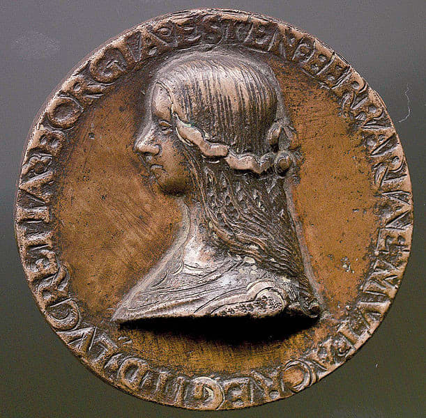 Bronze medal with the bust of Lucrezia Borgia, probably coined when Alfonso d'Este acquired the title of Duke, at the death of the father Ercole (1505).