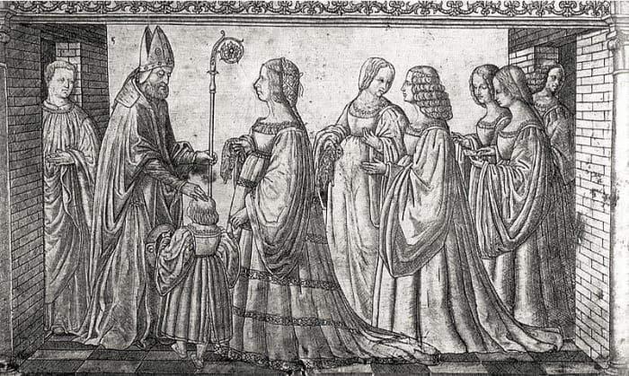 Lucrezia Borgia presenting her son Ercole to St. Maurelio - Silver plaque engraved by Giannantonio da Foligno (1508)