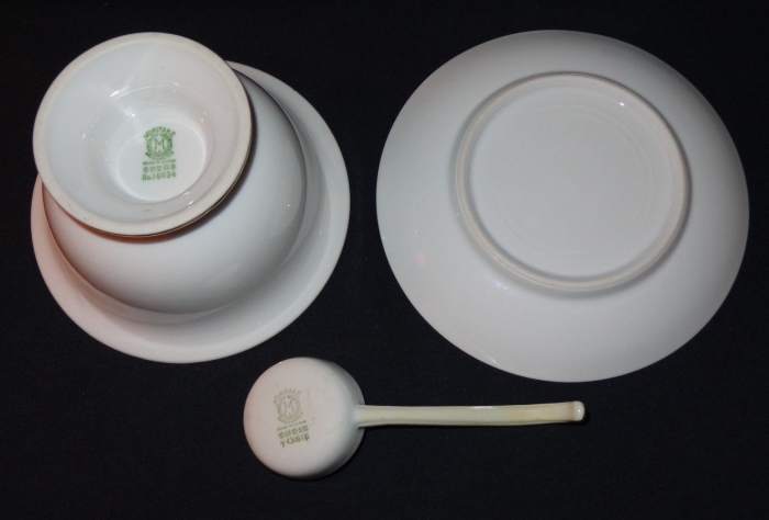 Mayonnaise Bowl is marked with the green Noritake #16034 stamp, and the Ladle is marked with the green Noritake #43061 stamp.