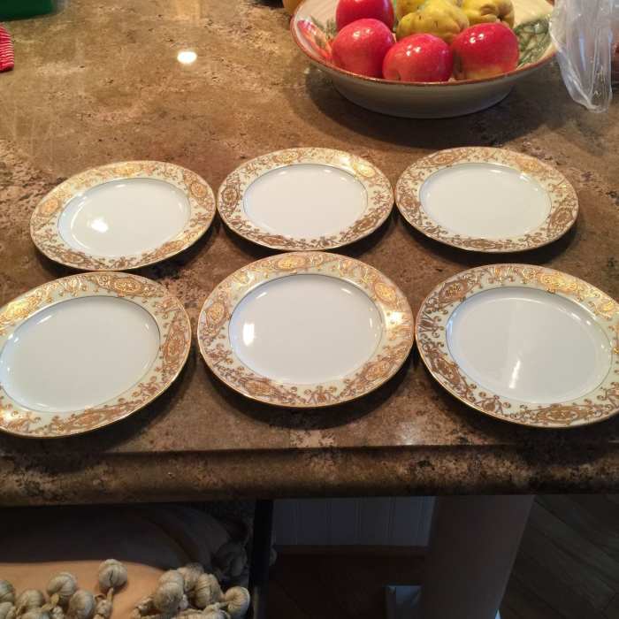 Six salad or dessert plates - For the age they are excellent condition, the gold looks nice and shiny. The plates are a tad over 7 1/2 inches.