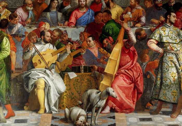 Paolo Veronese, Wedding at Cana, Veronese and Titian pictured as musicians at the centre of the banquet (1563), Paris Musée du Louvre