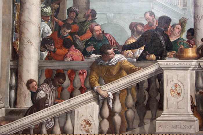 Paolo Veronese, Feast in the House of Levi, detail of the right side of the banquet (1573), Venice Gallerie dell'Accademia