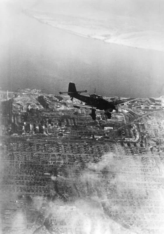 Stuka or Junkers Ju 87 dive bomber hitting strong points in the city of Stalingrad summer of 1942.