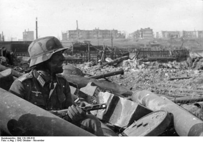 German soldier in Stalingrad September 1942, this German soldier is using a capture Russian sub-machine gun.
