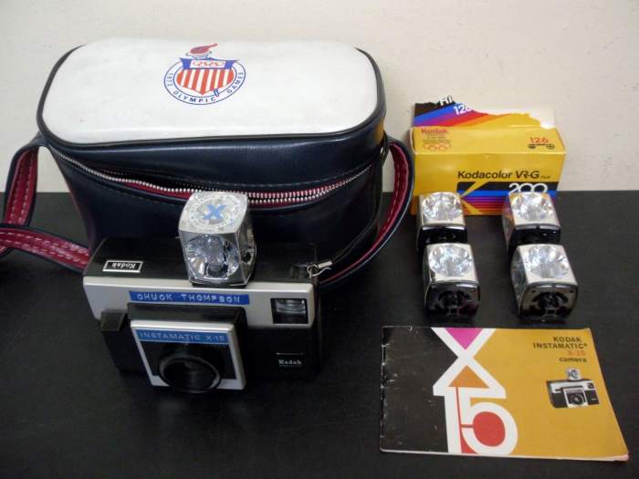 Kodak Instamatic X-15 Camera with a 1972 Olympic Case, and Magic Cube Flashes, and is still works great!