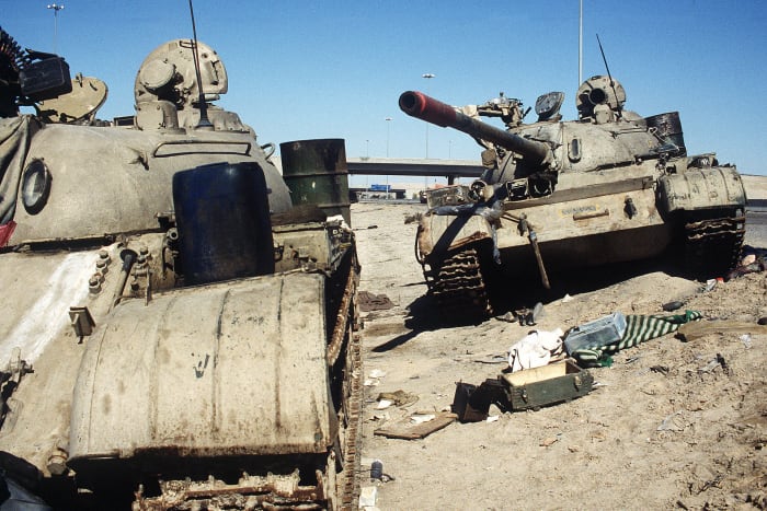 Iraqi tanks along Highway 80 leading out of Kuwait into Iraq (Highway of Death) April 18th 1991.