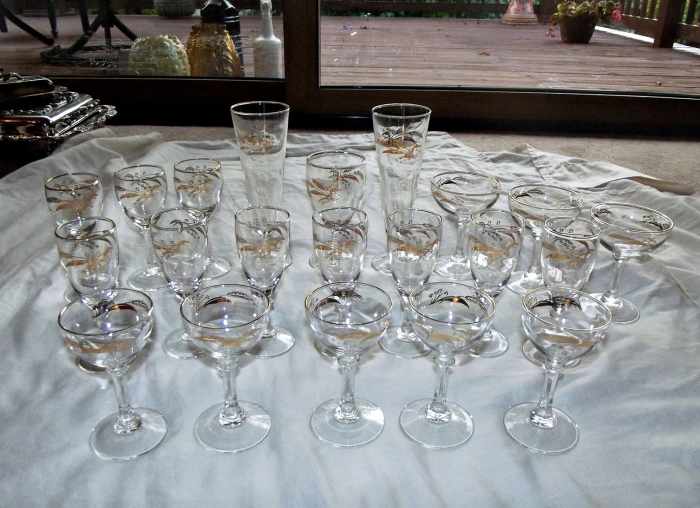 The pilsners are 8-3/8" tall, water goblets, 5-7/8" are tall, sherbet cups, 4-7/8" are tall by 3.75" wide, wine goblets are 5-7.8" tall, juice goblets are 5.75" tall, champagne and cordials are 5" tall