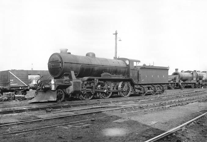 Great Northern Railway 2-6-0 with snow plough attached under the buffer beam - hard winter weather could strike anywhere between the Home Counties and Doncaster on the GN main line or out in Lincolnshire between the Fens and the Humber