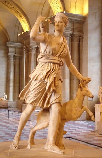 Artemis and a small hind - "Diana of Versailles". Marble, Roman artwork, Imperial Era (1st-2nd centuries CE). Found in Italy. - Marie-Lan Nguyen - Released into PD