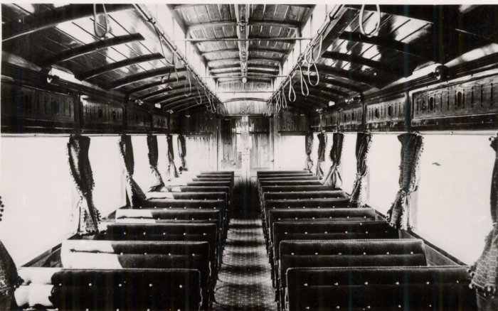 This is the light and airy interior of the 1903 NER Autocar. It had been used as a holiday home near Pickering in North Yorkshire and was in poor condition, although the hardwood frame was intact
