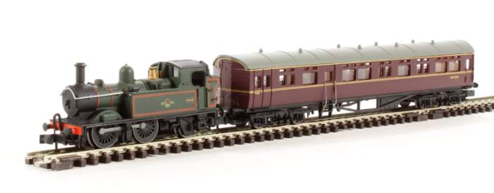 NSTEAM1 model Great Western Railway autocoach trainset with track oval, Class 14XX locomotive in charge