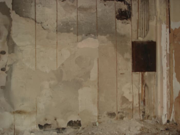 This wall was white and dirty, the developed photo shows people. Was there once a mural or were these people who lived in the home and still there.....no one will ever know.