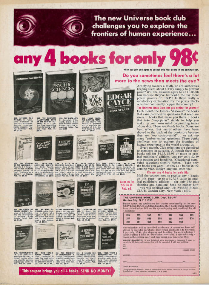 Check out these books for only 98 cents, the new Universe book club challenges you to explore the frontiers of human experience ... and any 4 books for only 98 cents.