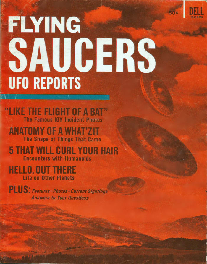 The First Issue of Flying Saucers UFO Reports 1967 by Dell Publishing Company. The single copy price was only 50 cents in the U.S.A. and Canada.