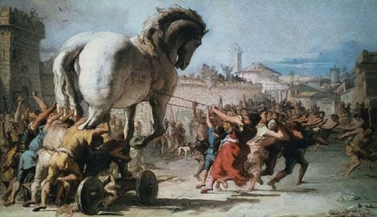 The Procession of the Trojan Horse into Troy from Two Sketches Depicting the Trojan Horse, oil on canvas by Giovanni Domenico Tiepolo, c. 1760; in the National Gallery, London.
