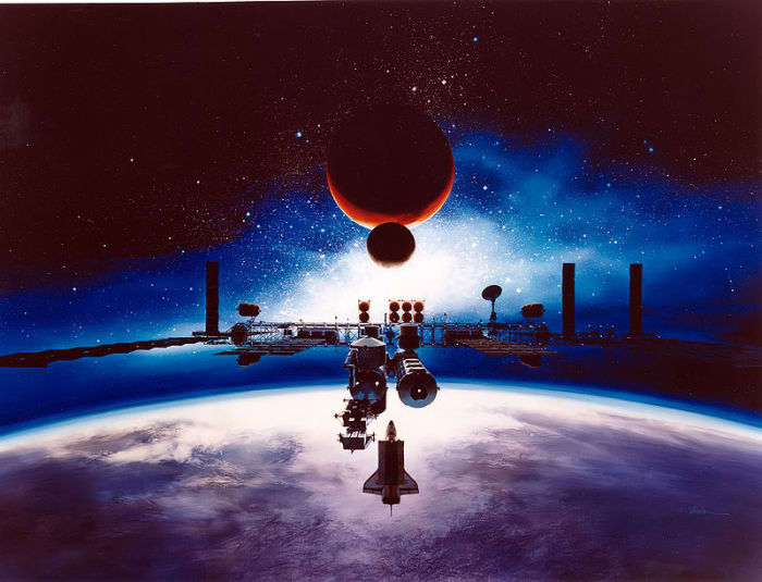 The space station Freedom, shown in a depiction by Alan Chinchar in 1991, was a proposed permanently crewed international research vehicle. It was never launched although Skylab and, later, the International Space Station were.