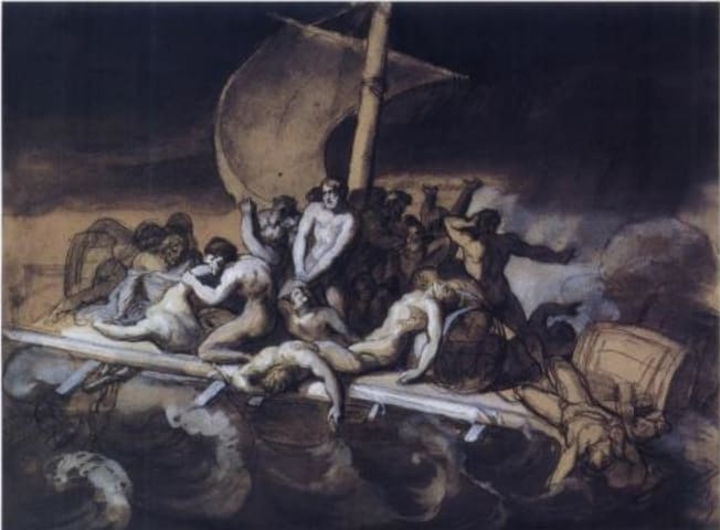 Cannibalism on the Raft of the Medusa, crayon, ink wash, and gouache on paper, 28 cm × 38 cm, Louvre. This study is darker than the final work, and the positions of the figures differ significantly from those of the later painting.