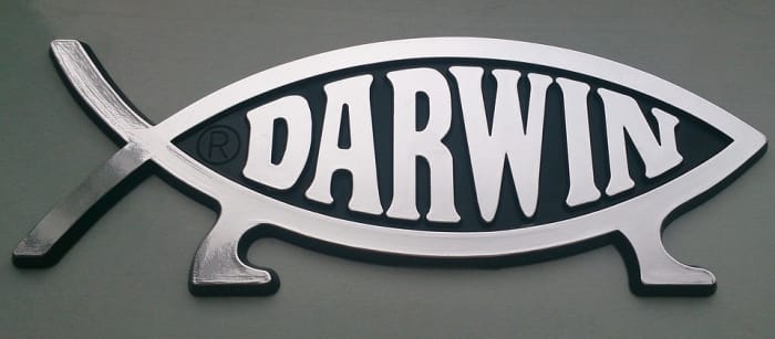 Darwin fish symbol, which shows a fish with "evolved" legs. The symbol is a parody of a Christian Jesus fish and mocks those Christians who don't believe in th scientific theory of evolution, which Charles Darwin laid the groundwork for.