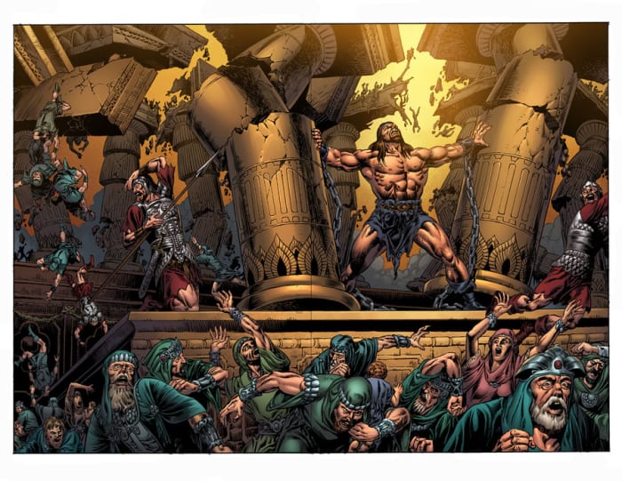Samson prayed to God to return his strength to him, then pushed down the central pillars of the temple, collapsing it on his enemies.