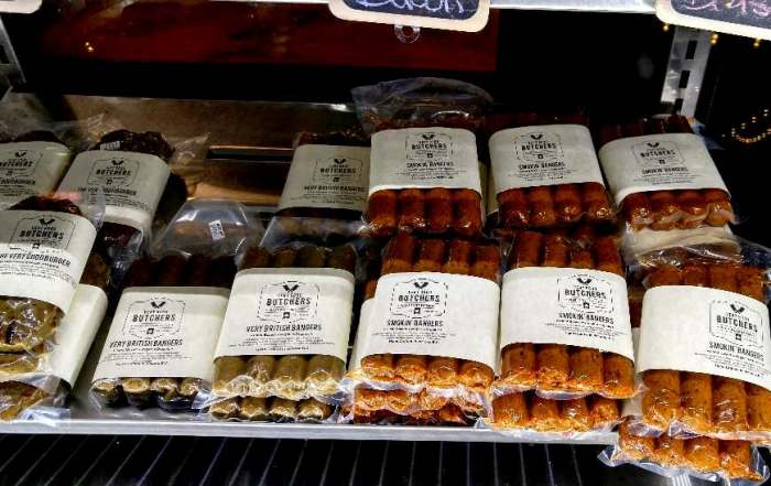 There are several vegan sausages on the market. If you make your own you will save a considerable sum, but, if you want a treat, the popular commercial brands are there. Sausages above are in the showcase at The Very Good Butcher Shop, Victoria, BC