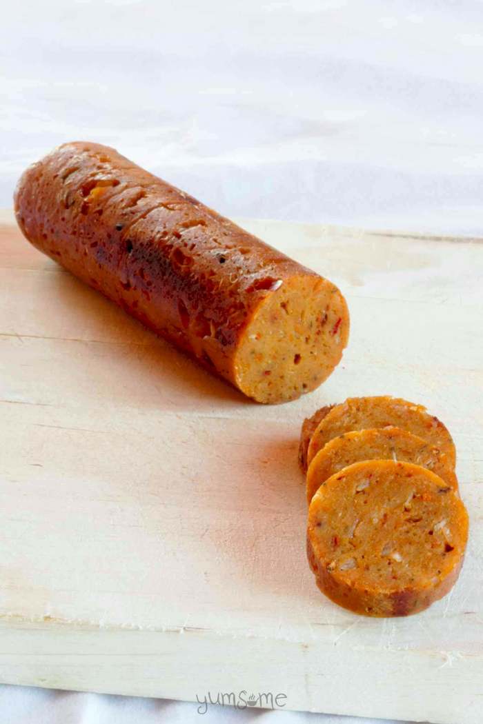This is billed as "The World's Best Vegan Sausage" by the Yumsome author. It is very firm and "customizable" to different sausage varieties such as Italian Spicy or Smoked Garlic...