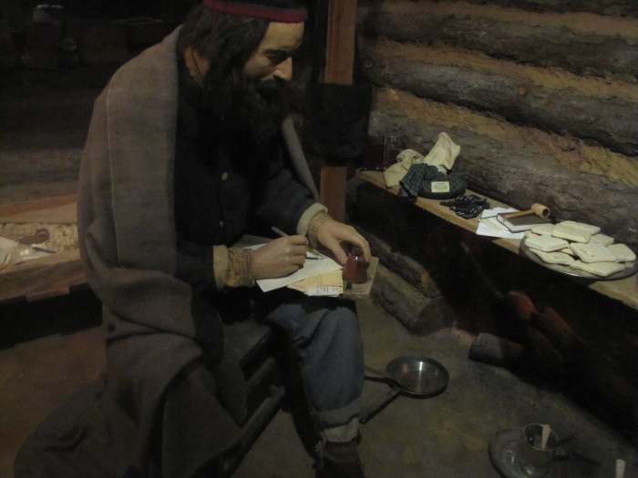 Scene at the Civil War museum in Petersburg, Virginia, showing the interior of a cabin serving as winter quarters.