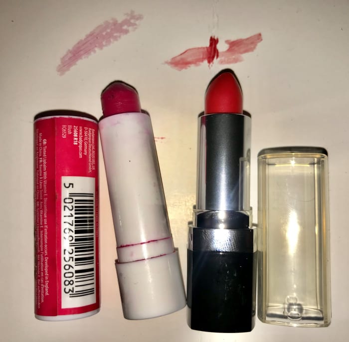 Technic lip balm on left vs Avon true color lip balm with colour indications on card. Both are balms though the Avon design & higher weight (metal tube) though not color is like a lipstick.