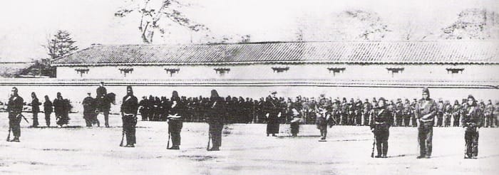 An 1868 photograph of Japanese Tokugawa Bakufu troops being trained by the French Military Mission to Japan.