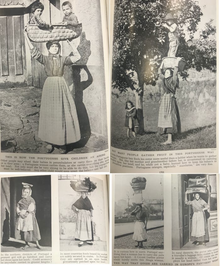 Women in Portugal display prodigious feats in balance and weight bearing, even when a child wants to gather fruit. You won't see this any more, but this would have been done by many other women the world over.