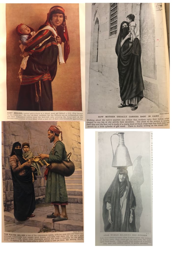 Before plastic water bottles, a man goes selling water from an animal skin. Arab woman carries a water pot balanced on her head.