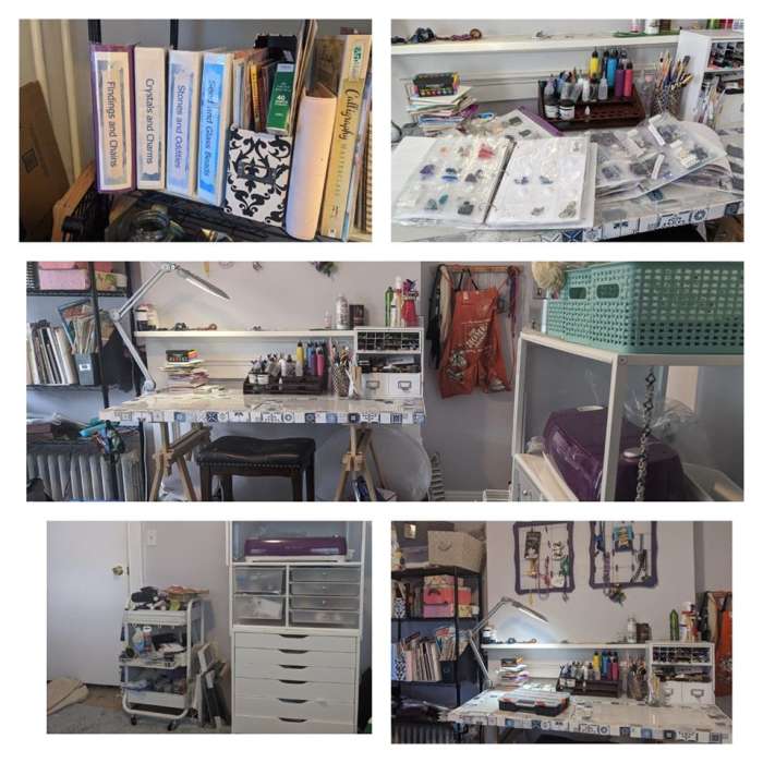 Top row- beads, so many beads. You'd be shocked how many you can fit into those binders. Middle row- attempting to show the layout, but it's too tight for a real panorama Bottom- cart, paints and glitters. Drawers- Papercraft, Cricut & resin