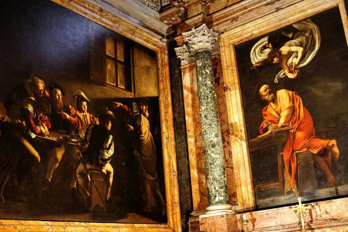 Right: "The Inspiration of Saint Matthew" Left: "The Calling of St Matthew" By Michelangelo Merisi da Caravaggio