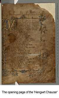 The first page of the 'Hengwrt Chaucer', a 14th century copy of the Canterbury Tales, now held in the National Library of Wales.