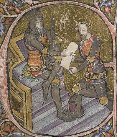 A 14th century illustration showing Edward the Black Prince kneeling in front of his father, Edward III.
