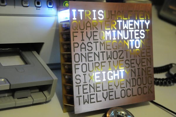 Doug built the font panel using an etched PCB(No laser cutter required), and constructed a circuit board to illuminate the proper display sections using LEDs.