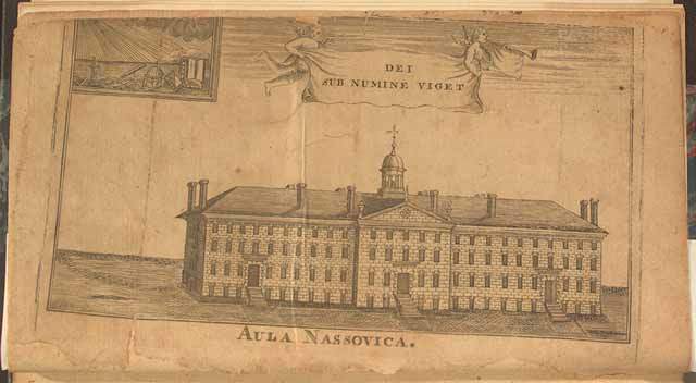 This is the principal building of the College of New Jersey in 1764 "Aula Nassovica," (Nassau Hall). This image belongs to a fundraising brochure for the college/Source: Library of Congress' Exhibition "Religion and the Founding of American Republic