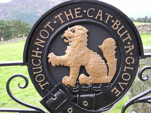 Motto: Touch The Cat Bot (But) A Glove (Don't touch the cat when claws are unsheathed, extended beyond the foot pads or "gloves.") In Braun's first book, Jim Qwilleran receives this gatepiece from an antique dealer.